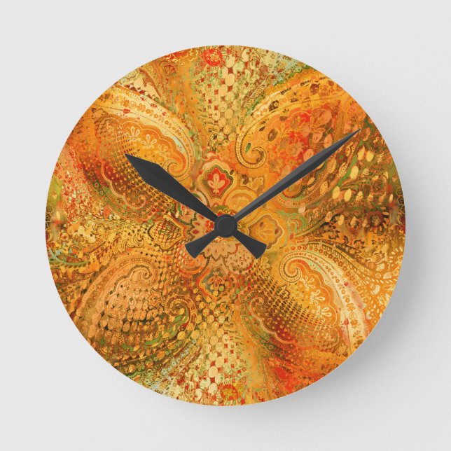 Earthy Orange Tones Paisley Round Clock (Front)