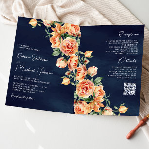 Earthy Peach Floral Navy Blue QR Code Wedding Invitation