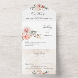 Earthy Pink Flowers Elegant Boho Wedding All In One Invitation