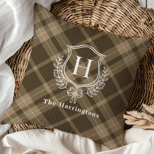 Earthy Plaid Winter Monogram Crest Initial Throw Pillow