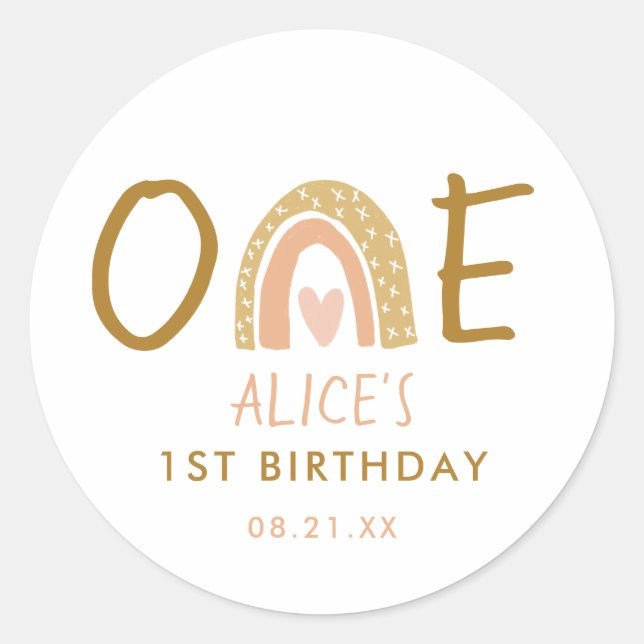Earthy Rainbow 1st Birthday Girl  Classic Round Sticker (Front)