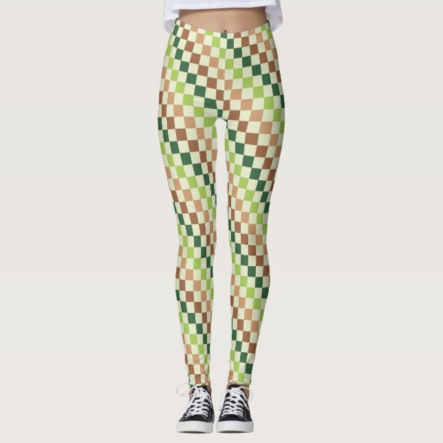 Earthy rainbow diagonal checkerboard pattern leggings (Front)