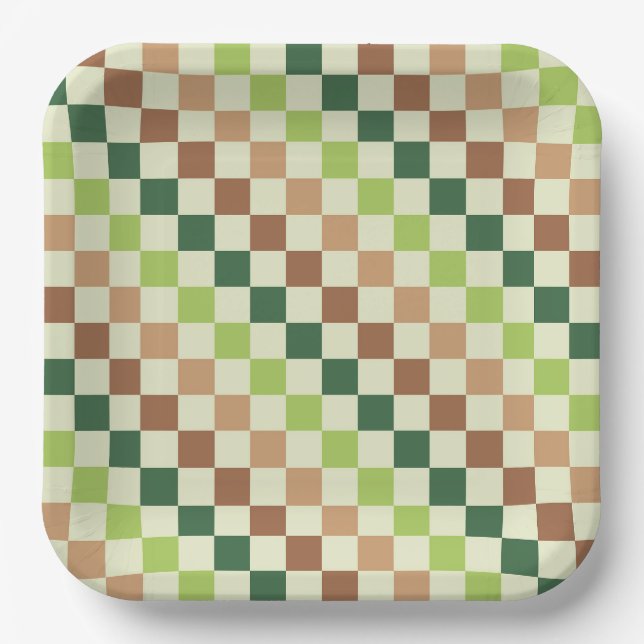 Earthy rainbow diagonal checkerboard pattern paper plate (Front)