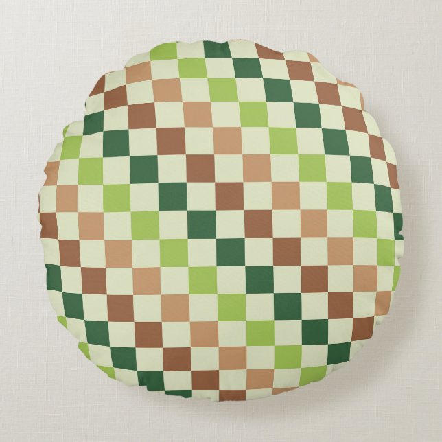 Earthy rainbow diagonal chequerboard pattern round pillow (Front)