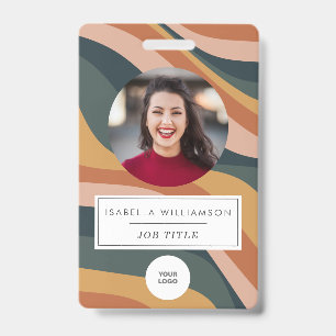 Earthy Retro Wavy Lines Employee Photo ID Badge