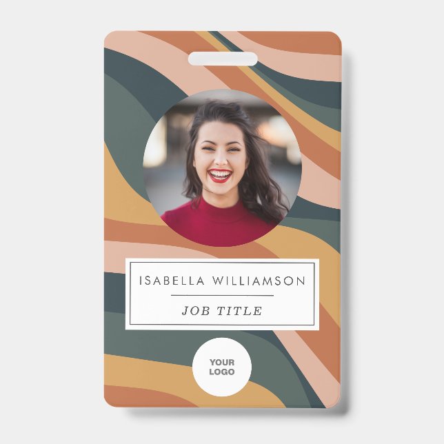 Earthy Retro Wavy Lines Employee Photo ID Badge (Front)