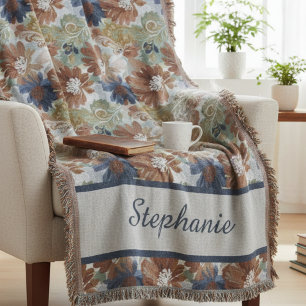 Earthy Rust Navy Botanical Mindfulness Art Throw Blanket