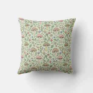 Earthy Sage Green Fungi Seamless Pattern Boho Throw Pillow