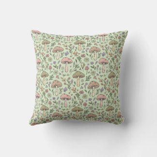 Earthy Sage Green Fungi Seamless Pattern Boho Throw Pillow
