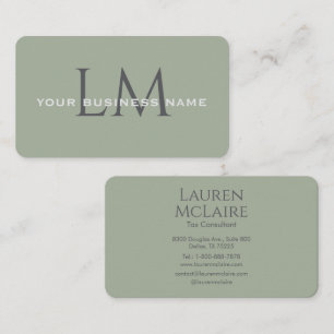 Earthy Sage Green Organic Modern Monogram  Business Card