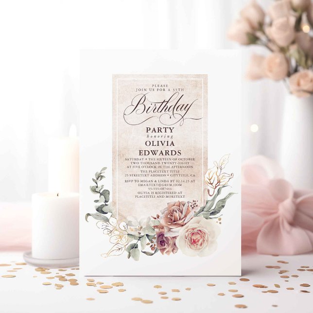 Earthy Shade Flowers Boho Elegant Birthday Party Invitation (Floral Fall Birthday Invitations)