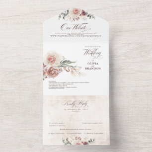 Earthy Shade Flowers Elegant Boho Wedding All In One Invitation