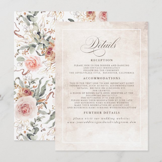 Earthy Shade Flowers Elegant Boho Wedding Details Enclosure Card (Front/Back)