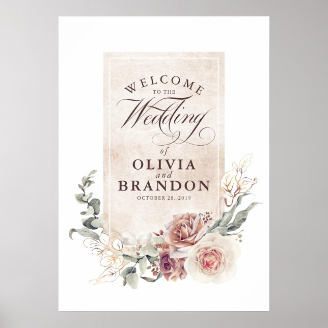 Earthy Shade Flowers Elegant Wedding Welcome Sign (Front)