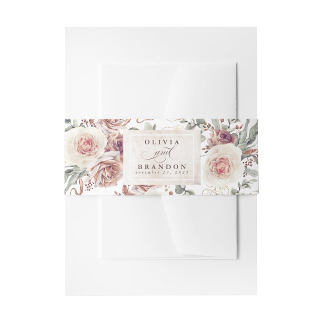 Earthy Shade Flowers Pattern Elegant Wedding Invitation Belly Band (Front Example)