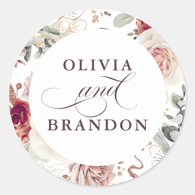 Earthy Shades Floral Elegant Wedding Classic Round Sticker (Front)