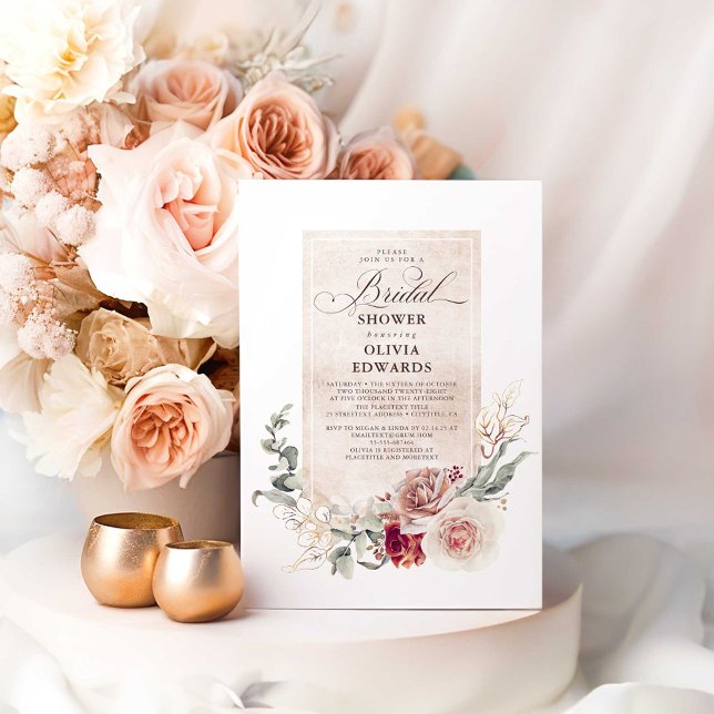 Earthy Shades Flowers Boho Elegant Bridal Shower Invitation (Earthy Fall Bridal Shower Invitations)