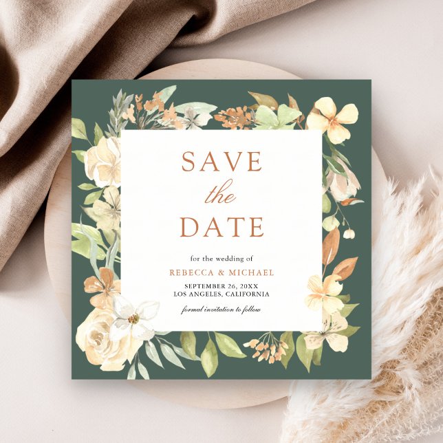 Earthy Soft Peach Floral Sage Green Wedding Save The Date (Creator Uploaded)
