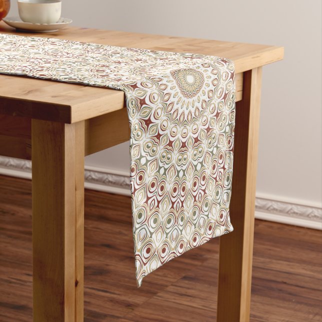Earthy Taupe and Rust Mandala Pattern Long Table Runner (In Situ)