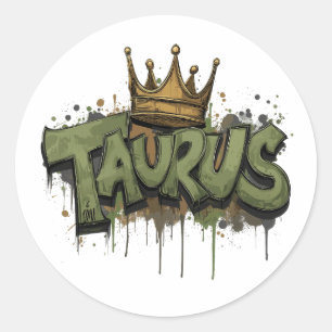 Earthy Taurus Zodiac Graffiti Airbrush with Crown Classic Round Sticker