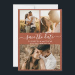 Earthy Terracotta Script Photo Collage Wedding  Save The Date<br><div class="desc">Elegant script earthy terracotta rust burnt orange boho desert 3 photo collage wedding save the date announcement card. Chic minimalist design template feature three (3) couple photo collage and elegant cursive hand lettering typography script „Save the Date” text. If you need help or matching items,  please contact me.</div>