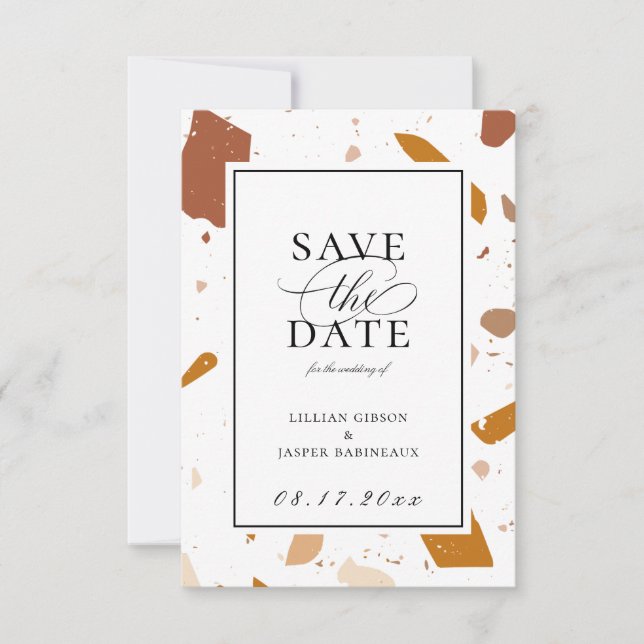 Earthy Terrazzo Pattern Save the Date Announcement (Front)