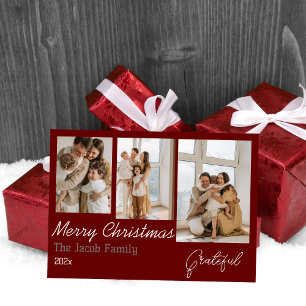 Earthy three Photo Collage Year Christmas Holiday Card