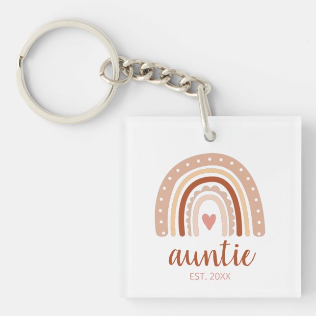 Earthy Tone Modern Unique Boho Rainbow Auntie Keychain (Front)