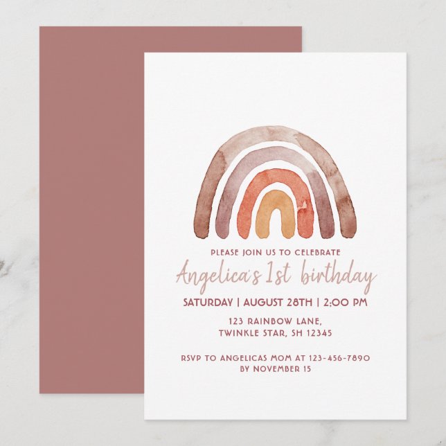Earthy Tone Watercolor Rainbow 1st Birthday Girl   Invitation (Front/Back)