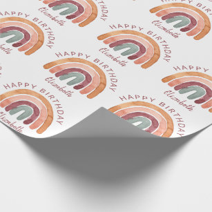 Earthy Tone Watercolor Rainbow Name Birthday  Wrapping Paper