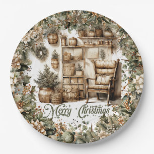 Earthy tones green gold cozy Christmas interior Paper Plate