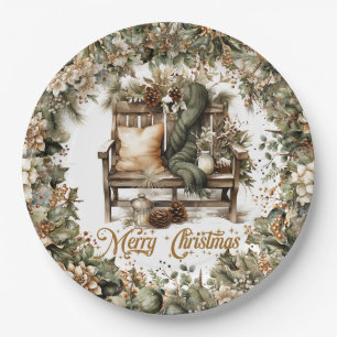 Earthy tones green gold cozy Christmas interior Paper Plate