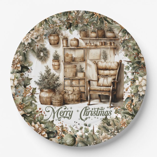 Earthy tones green gold cozy Christmas interior Paper Plate (Front)