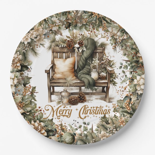 Earthy tones green gold cozy Christmas interior Paper Plate (Front)