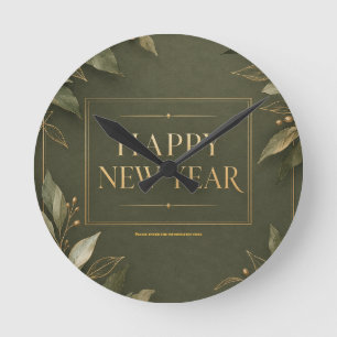 Earthy Tones Happy New Year holiday Greeting  Round Clock