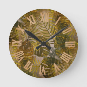 Earthy Tropical Leaves Pattern Round Clock