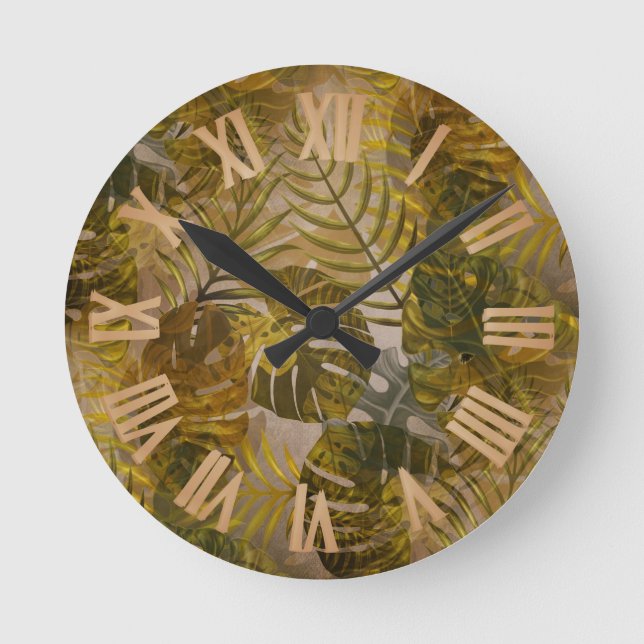 Earthy Tropical Leaves Pattern  Round Clock (Front)