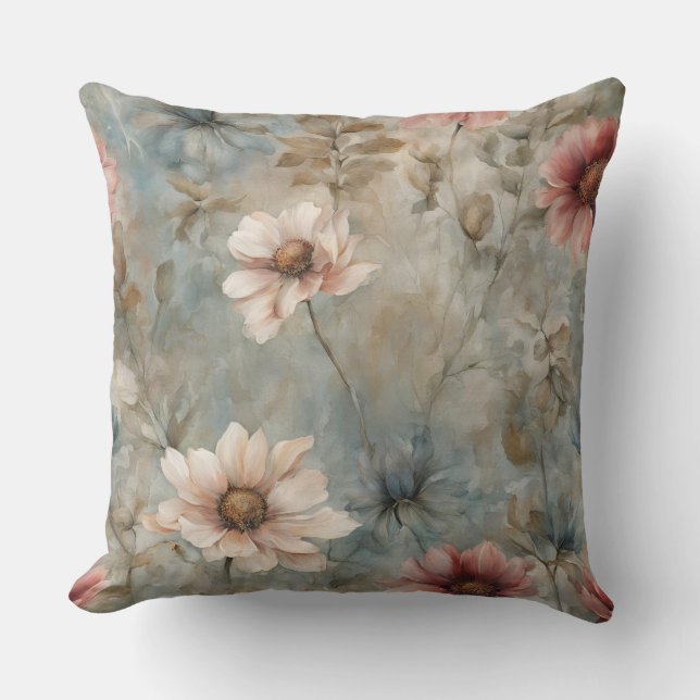 Earthy Warm Blue Floral Print Throw Pillow (Front)