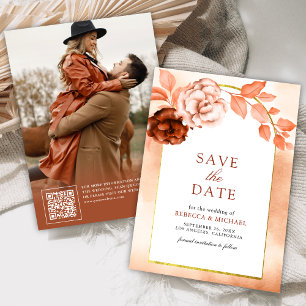 Earthy Watercolor Floral Terracotta Wedding Photo Save The Date