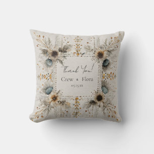 Earthy Watercolor Folk Art Sunflower Wreath Throw Pillow
