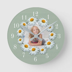 Easily add your photo, customized Daisy Frame Round Clock
