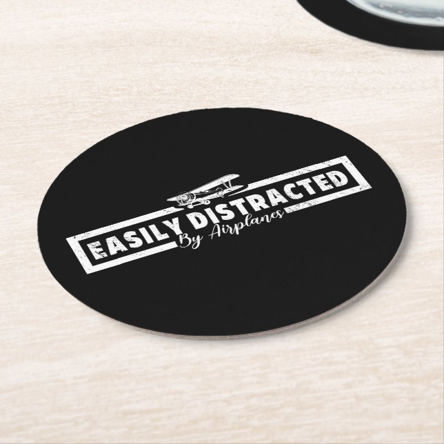 Easily Distracted By Airplanes, Funny Pilot Saying Round Paper Coaster (Angled)