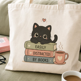 Easily Distracted by Books Cute Black Cat Tote Bag