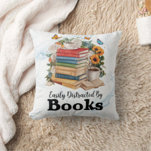 Easily Distracted By Books Watercolor Throw Pillow