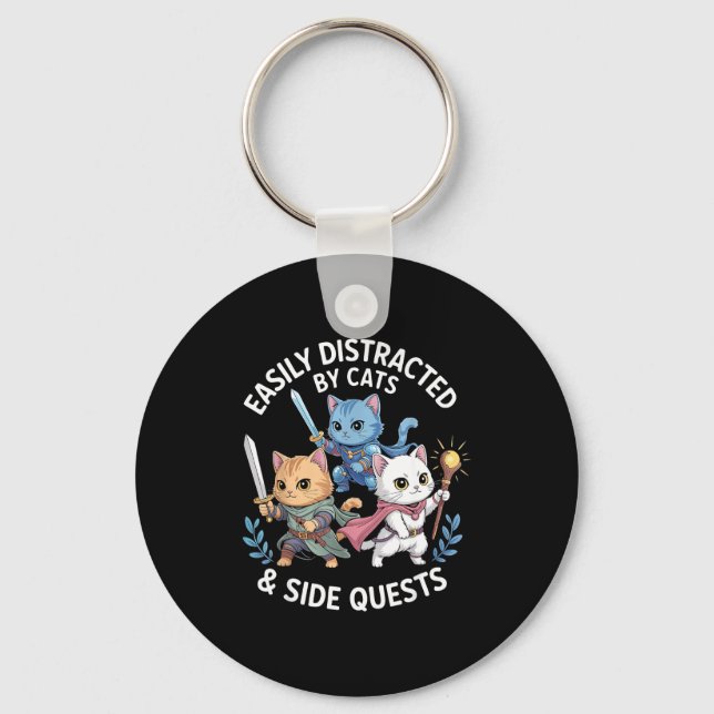 Easily Distracted By Cats &amp; Side Quests Funny  Keychain (Front)