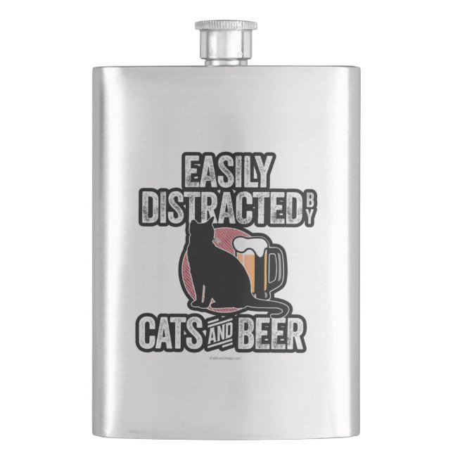 Easily Distracted by Cats and Beer Hip Flask (Front)