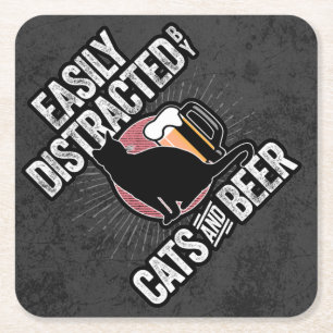 Easily Distracted by Cats and Beer Square Paper Coaster