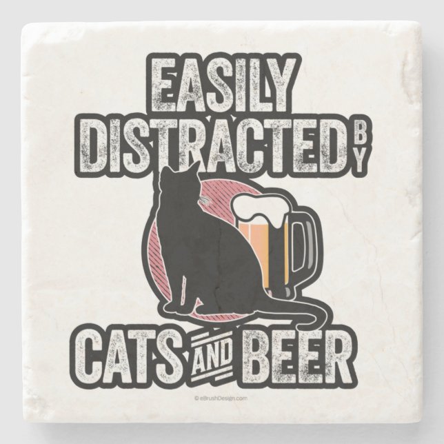 Easily Distracted by Cats and Beer Stone Coaster (Front)