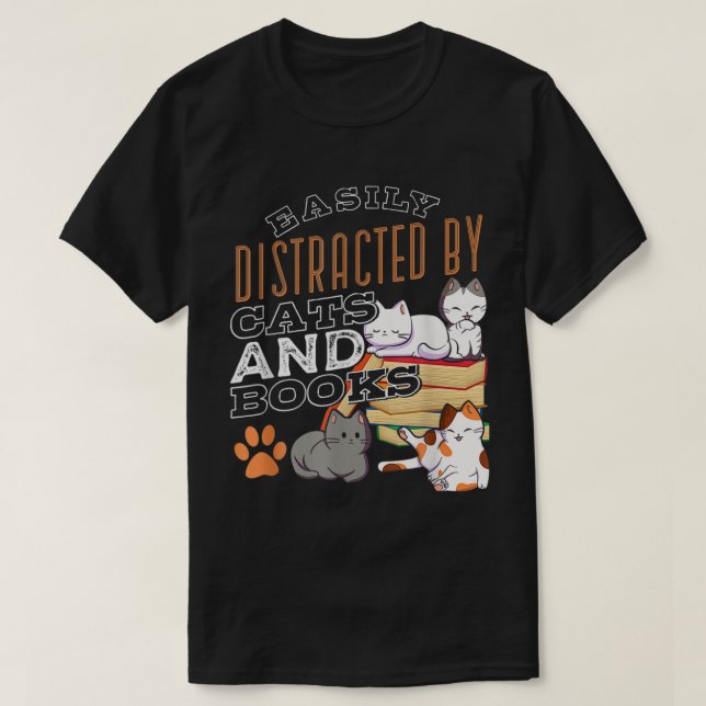 Easily Distracted By Cats And Books Black Cat For  T-Shirt (Design Front)