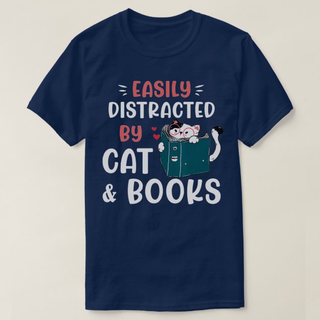 Easily Distracted by Cats and Books, Cat & Book Lo T-Shirt (Design Front)
